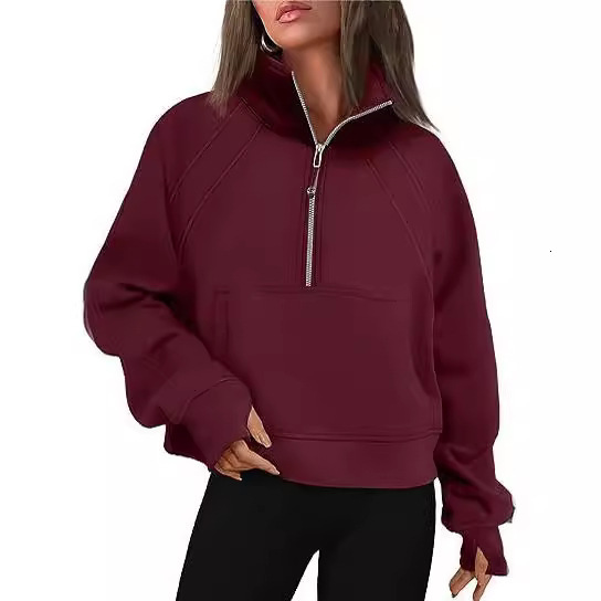 Designer yoga clothes for autumn winter, European and American women's clothing new half zipper short style stand up collar with fleece solid col