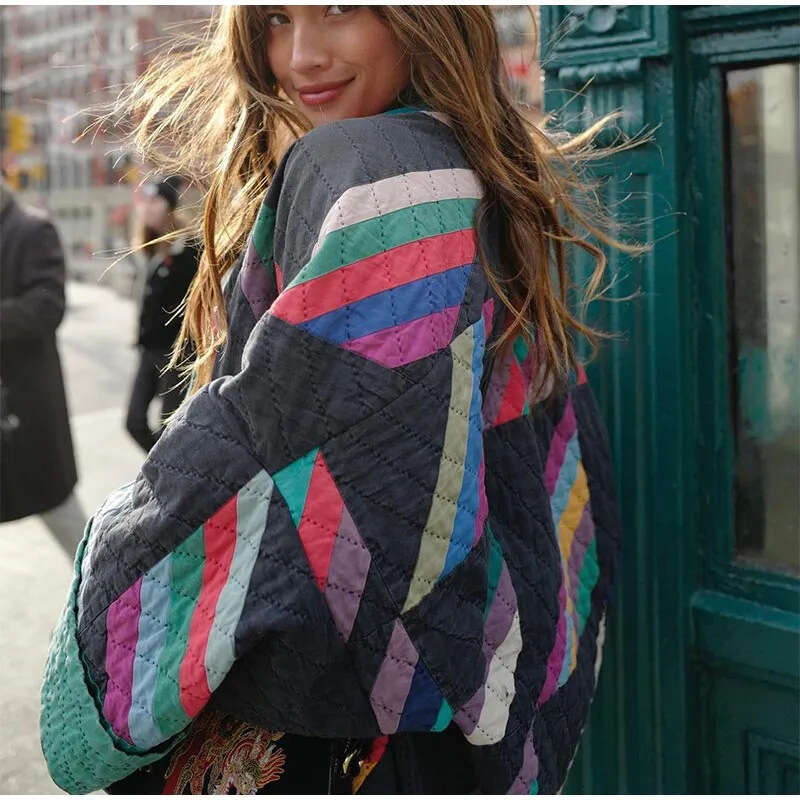 autumn winter products European American women's street fashion printed spliced cotton jacket W028 5861 2024 new style chic and elegant clothing