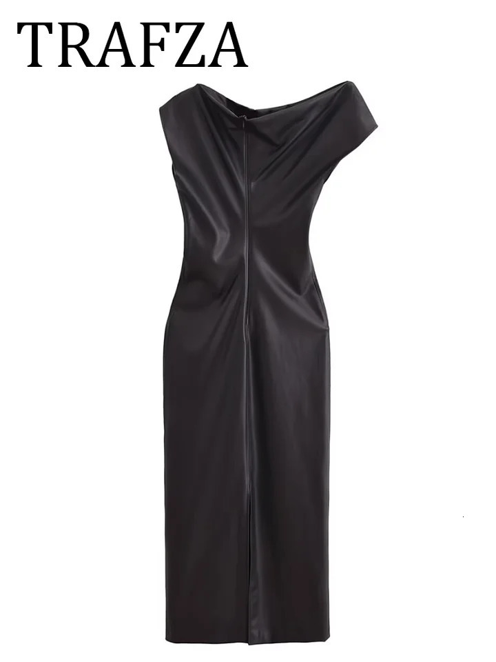TRAFZA 2024 Autumn Women Black Faux Leather Dress Sexy Casual Slim Asymmetrical Midi Dress Basic Vintage Sleeveless Dress 241204