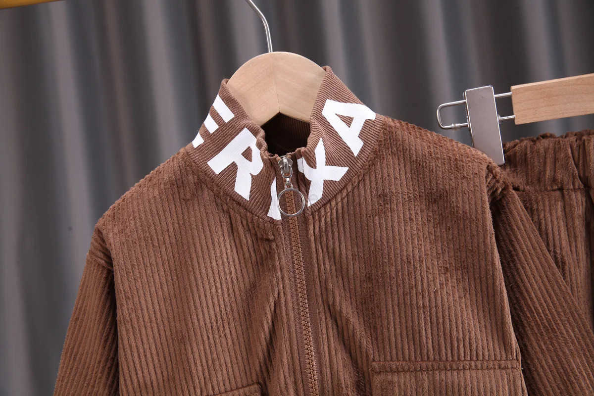 Baby boy clothes corduroy zipper long sleeved casual sports two-piece set for 0-5 year old fashionable girls with top and pantsXJ241205