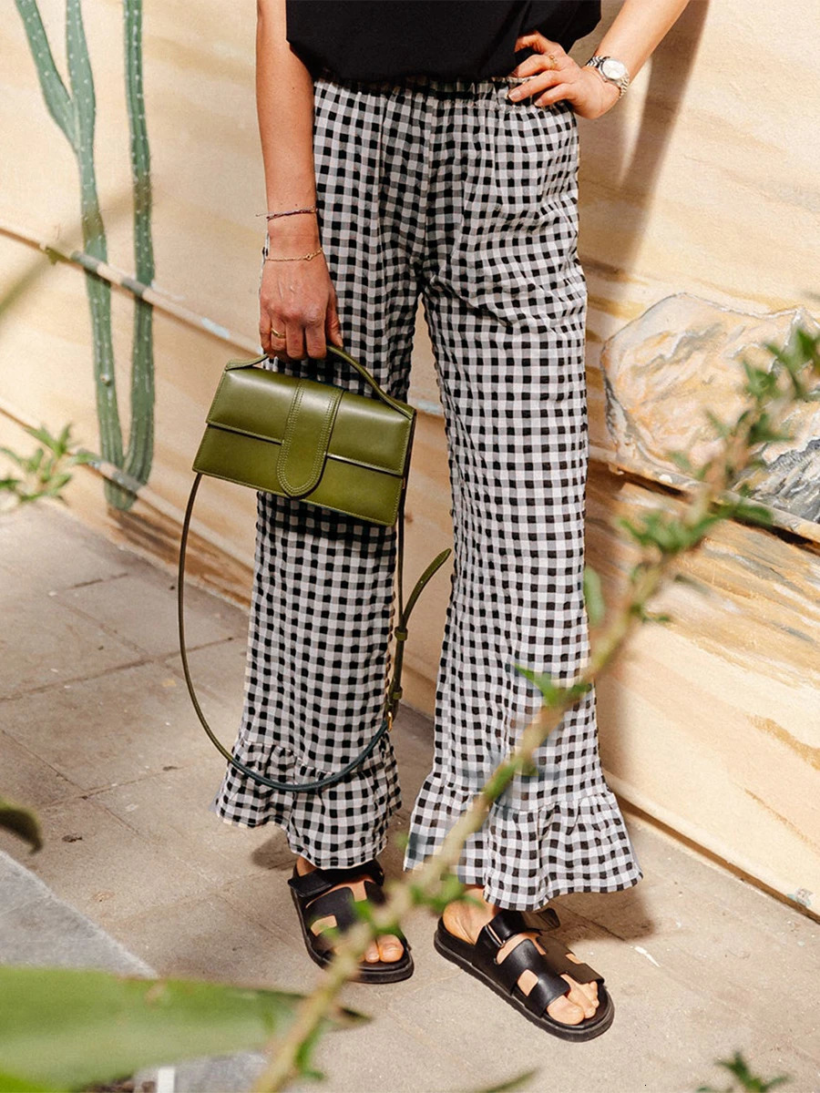 Womens Y2K Plaid Print Various colors Pants Ruffled Legs Elastic Waistband Wide Leg Loose Casual Pull On Trousers For Daily Z260314