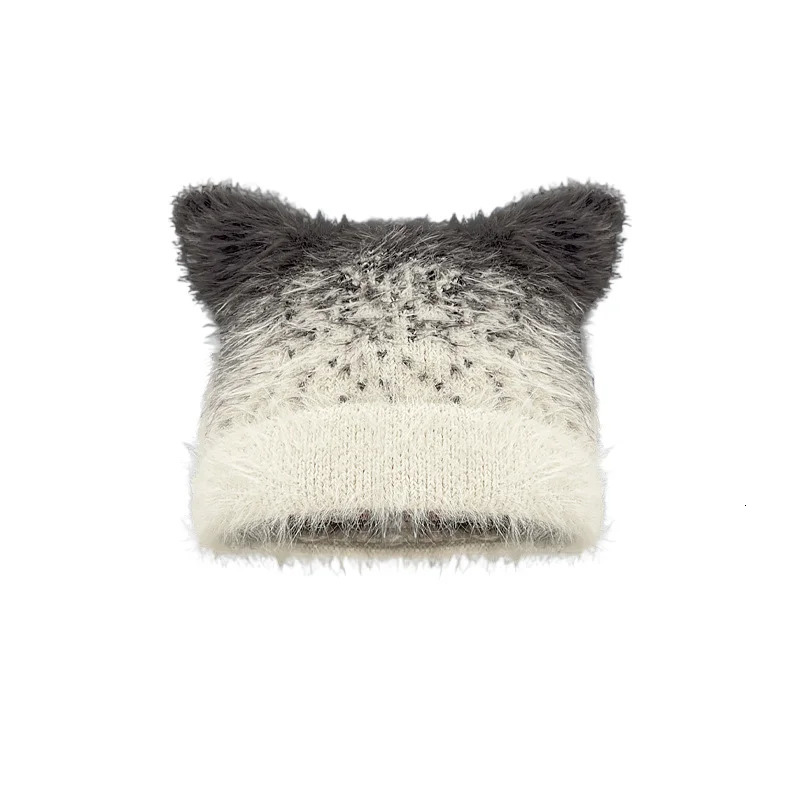 Korean style gradient color mixed thread knitted cat ear hat mens autumn and winter item ruffled toque casual cool full match 241205