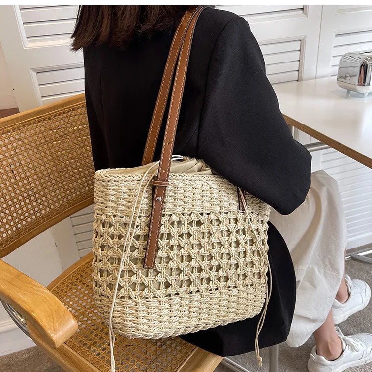 Trendy Straw Bags for Women Summer Beach Shoulder Wicker Bag Woven Rattan Tote Handmade Purse Bohemia Handbag bolsos 241204