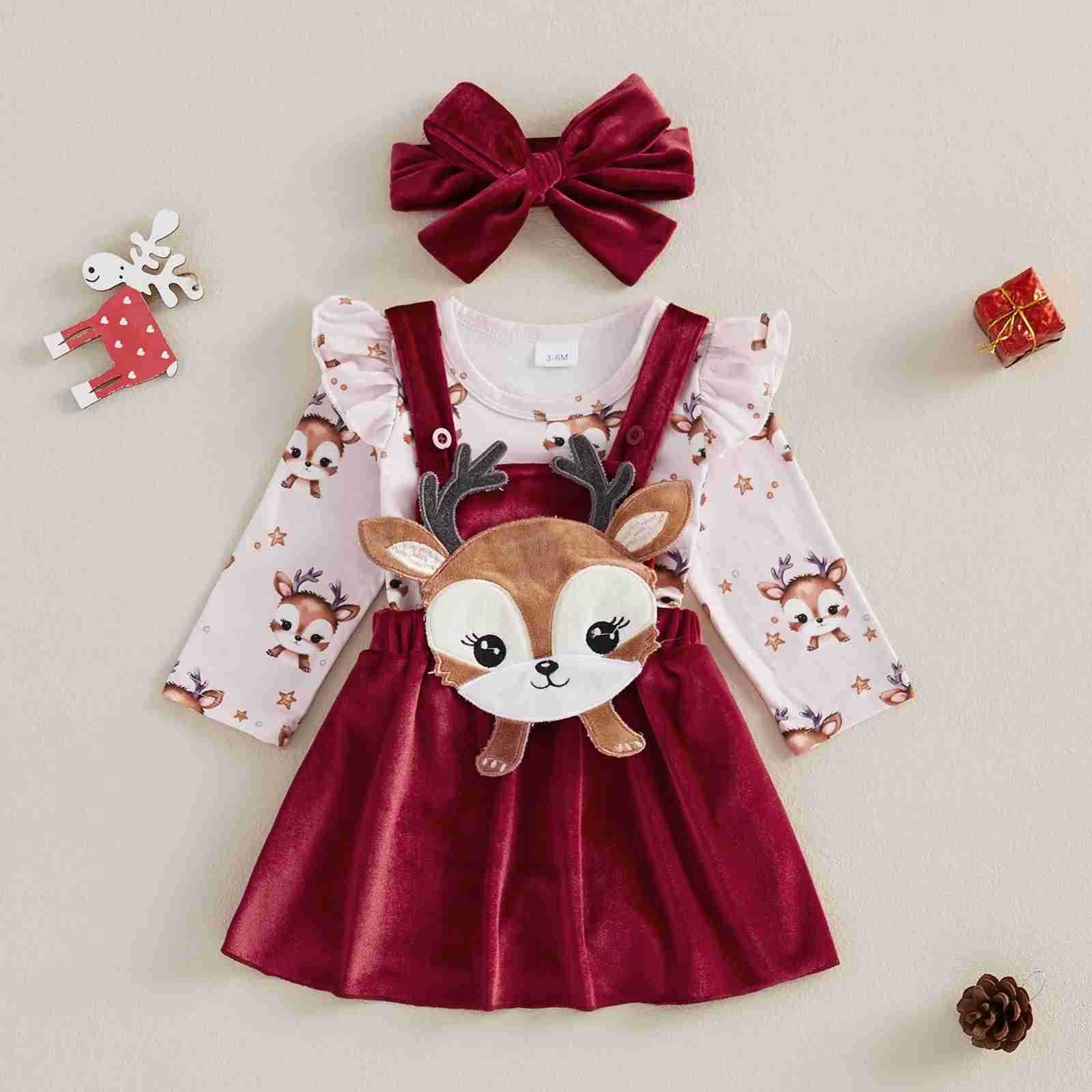 Newborn Baby Girl Christmas Outfits Reindeer Print Long Sleeve Romper with Overalls Skirt and Headband 3 Pcs Sets for AutumnXJ241205