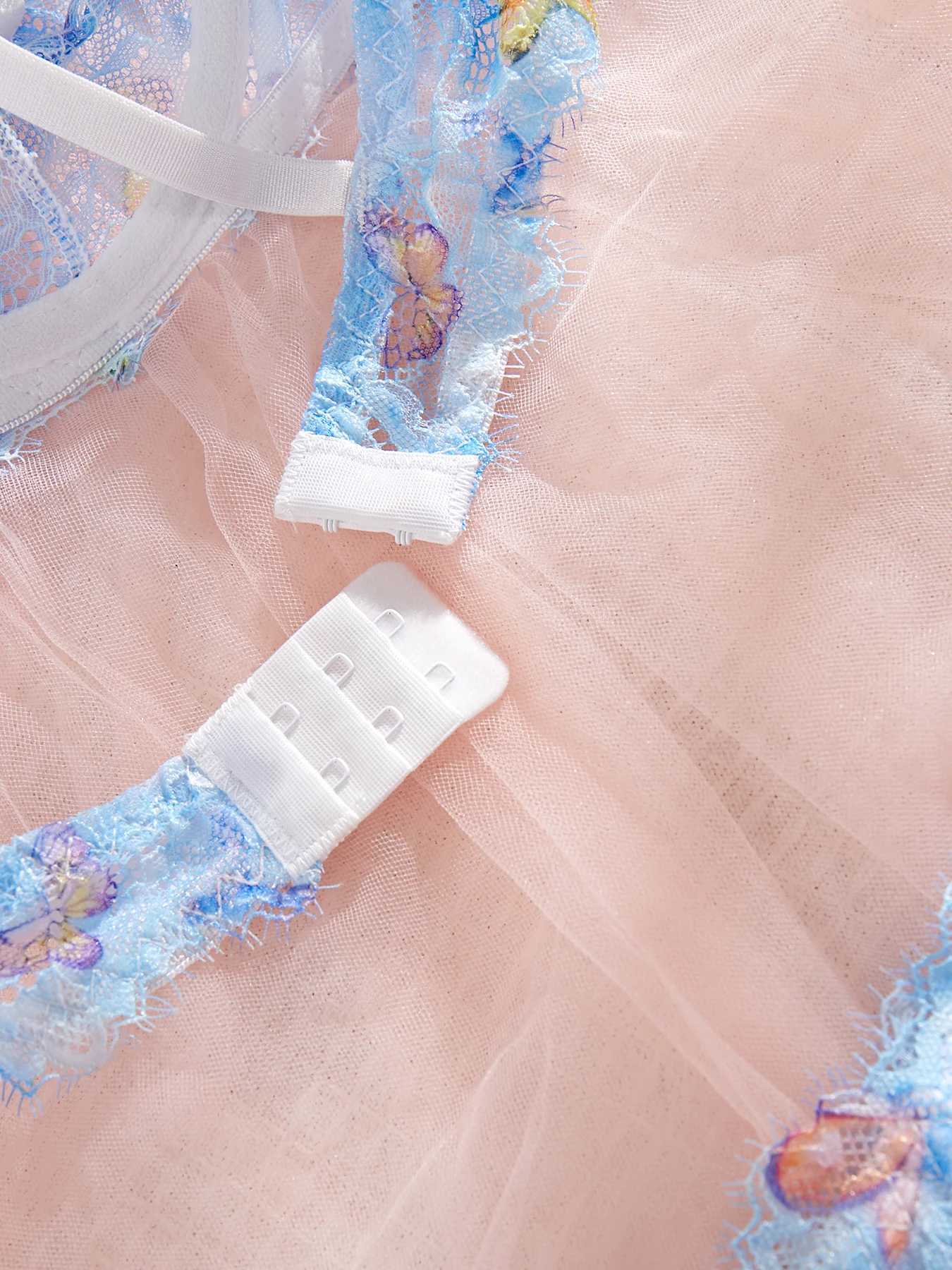 Womens Transparent Blue Butterfly Lace Sexy Lingerie Set Gathered Push Up Bra Daily Comfortable Close Fitting Lingerie setXJ241205