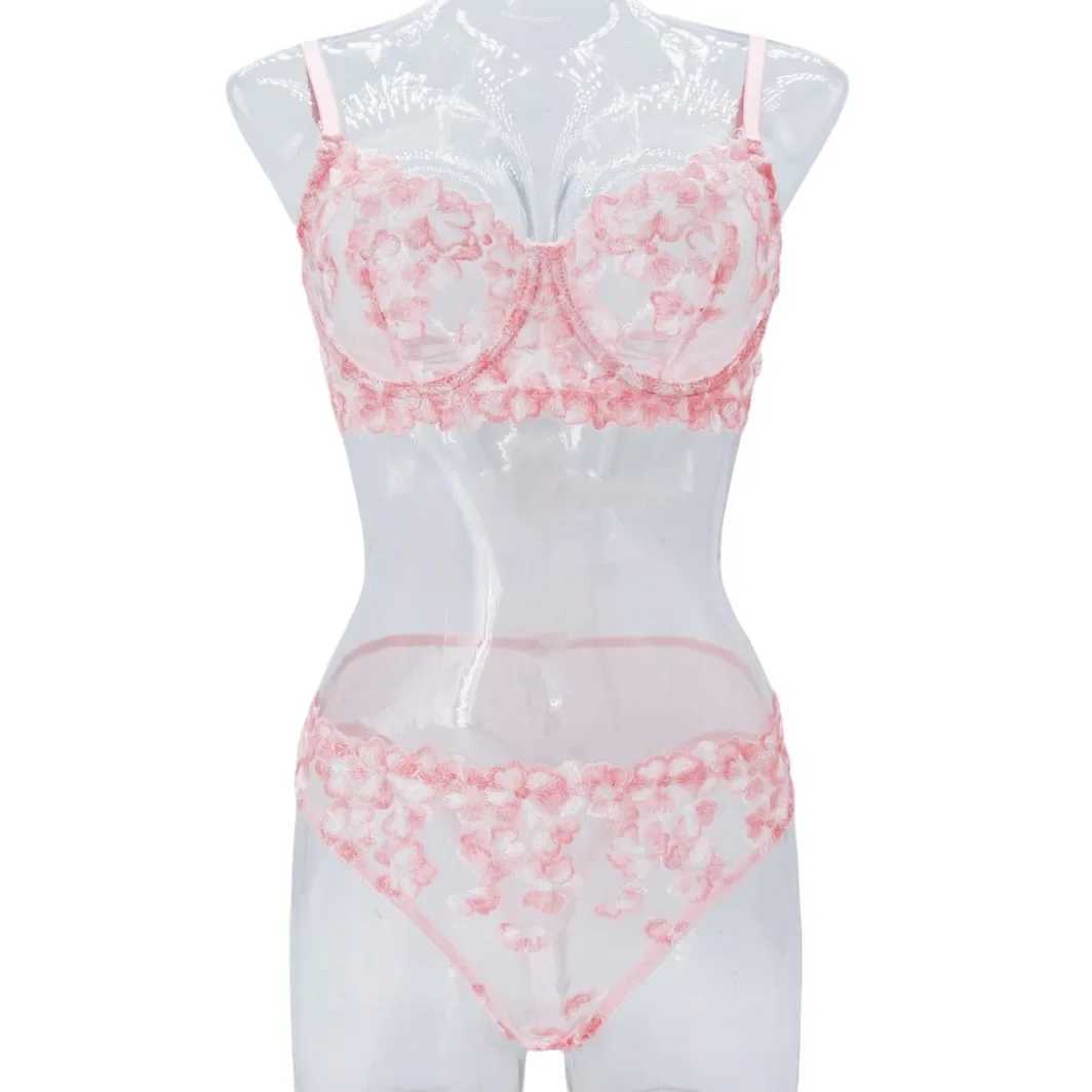 2Pcs Womens Sexy Push Up Bra Panties Lingerie Pink Floral Embroidery Underwear Set Transparent Briefs Short Low-waist Kits SweetXJ241205