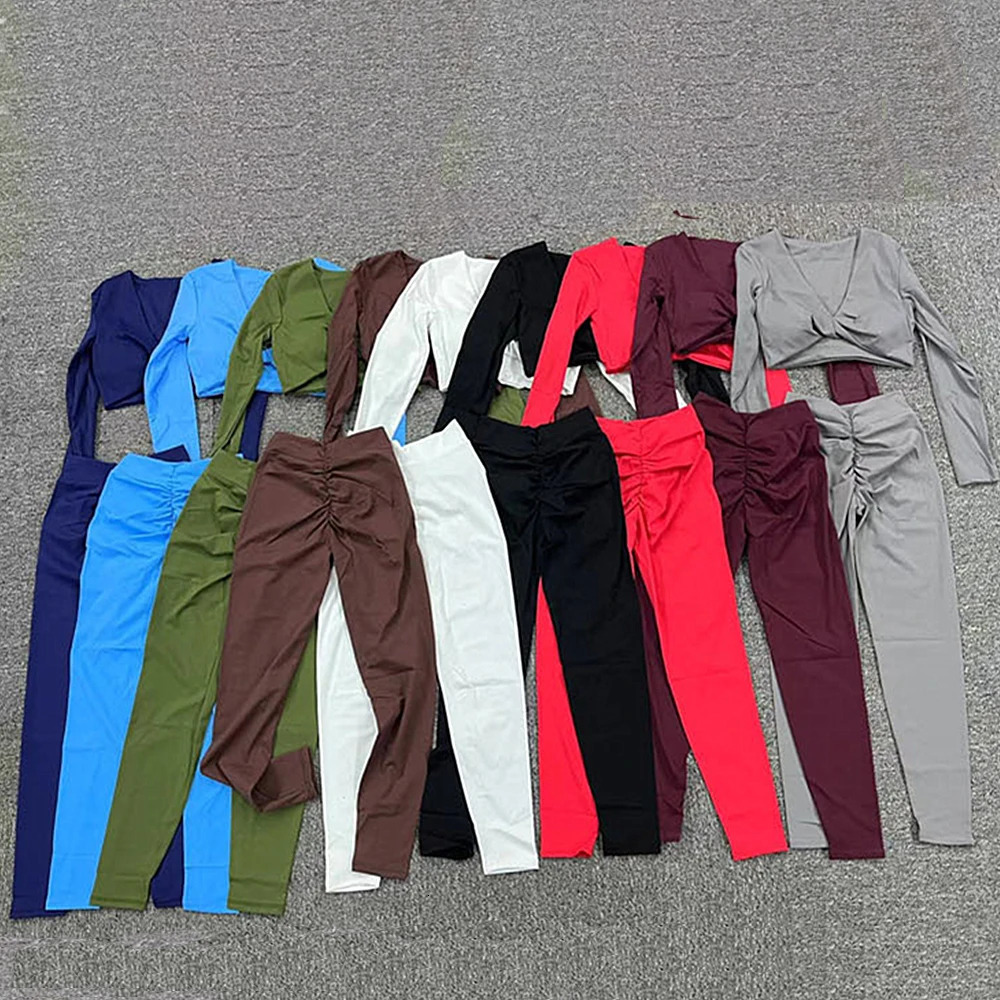 12Pcs Pad Long Sleeve Crop Tops Women Gym Yoga Set Sport Gym Scrunch V Back Fitness Leggings Workout Pant Active Suits 241204