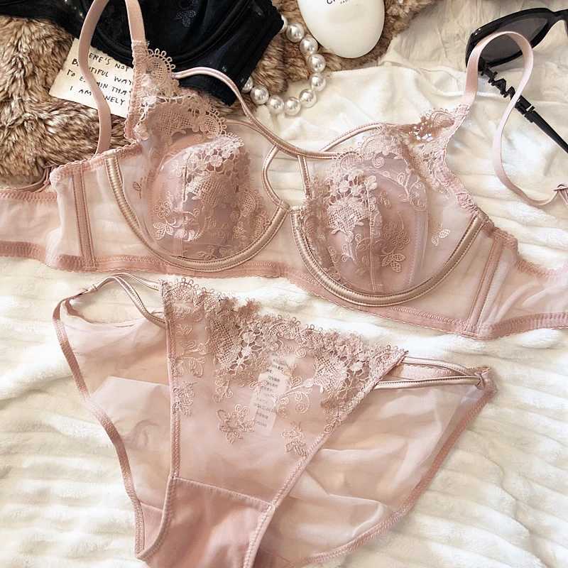 Sexy Hollow Women Underwear Lace Floral Embroidery French Ultra Thin Cup Push Up Bra Set Adjustable Strap Brassiere Panties SetsXJ241205