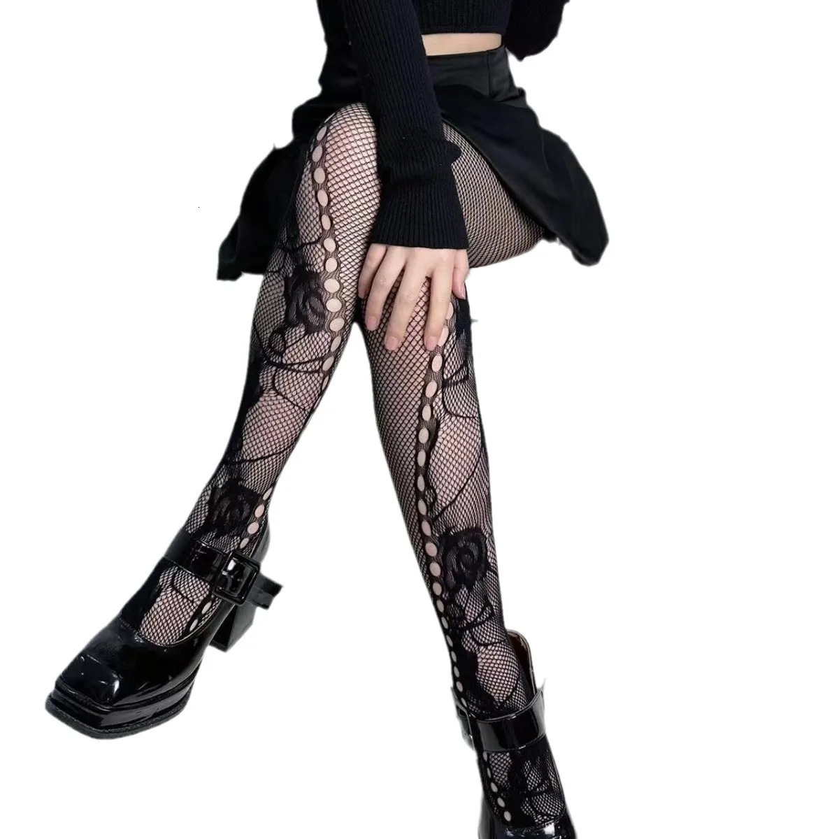 Womens Tight Clothing Hollowed Out Black White Fishnet Stockings SeeThrough Brown Lolita Sexy JK Internet 241204
