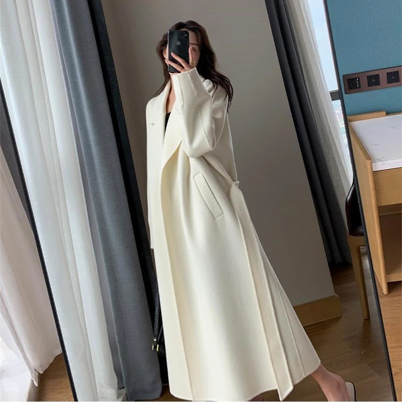 Elegant Midi Wool Blends Coat Women Korean Thicken Long Bandage Jackets Oversized Lace Up Outwear White Cardigan Woolen Overcoat 241204