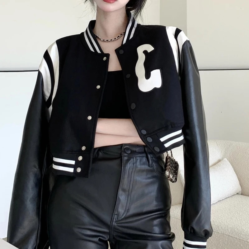 Jackets Womens Bomber Black Coats Leather Baseball Short Coat Y2k Jacket Woman Goth Clothing Streetwear 241205