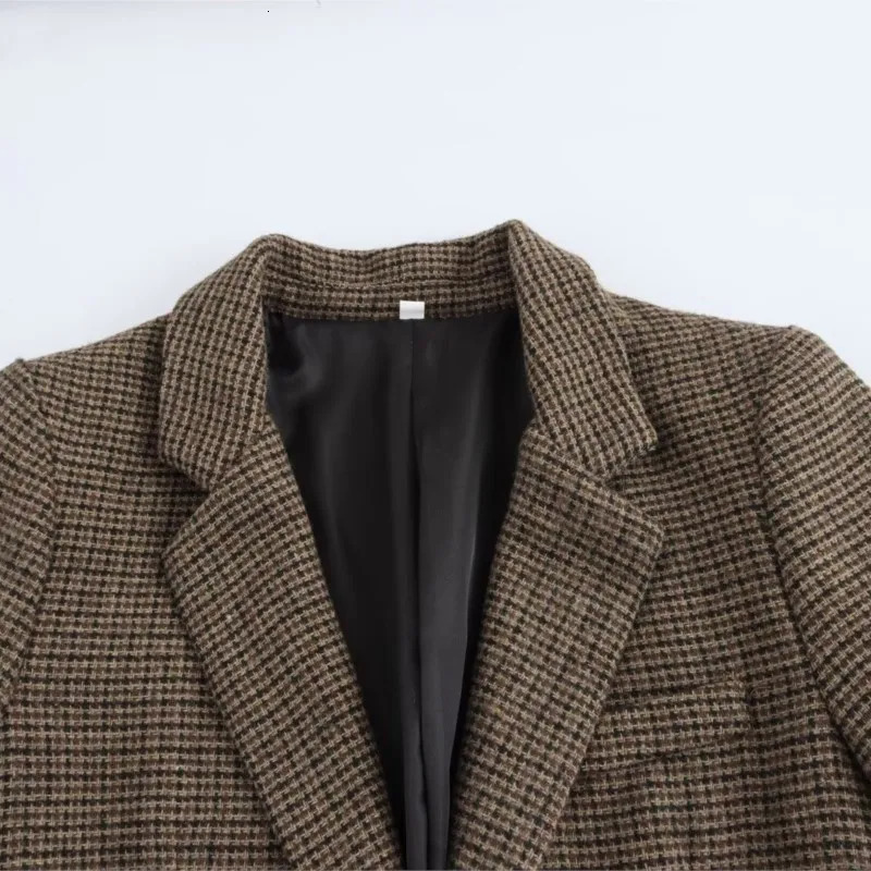 TRAF Plaid Blazer Women Autumn Office Lady Button Pocket Decoration wool blend Female Chic Outwear Blazers 241204