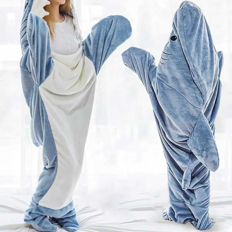 Pajamas New Cartoon Blue Gray Shark Blanket Sleeping Bag Pajamas Halloween Sleeping Suit Child Adult Plush Hoodie Fish Cosplay Costume H241205