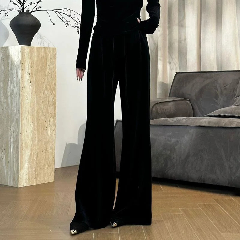 Simplicity Office womens autumn and winter pleated pants womens solid pocket elastic high waist fashionable straight wide leg Trouser 241202