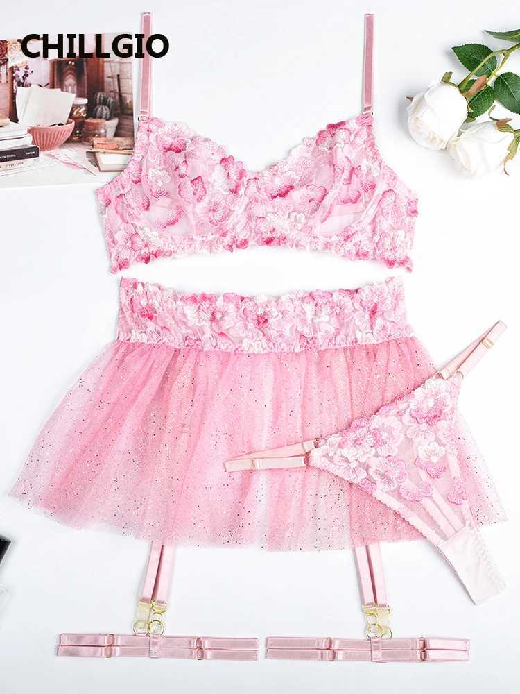 LLGIO Women Embroidered Floral Bra Brief Suits Sexy Hotsweet Glitter Sequins Push Up Lingerie Fashion Mesh Underwear SetsXJ241205