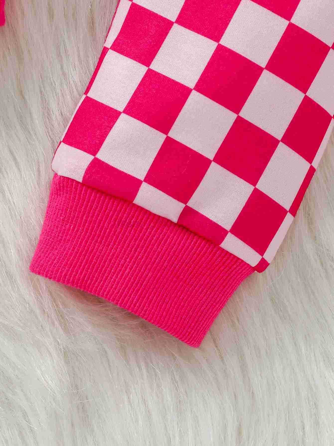 2Pcs Baby Girls Pink Long Sleeve Plaid Sweatshirt +Pants For Fall/Winter Casual Clothing SetXJ241205