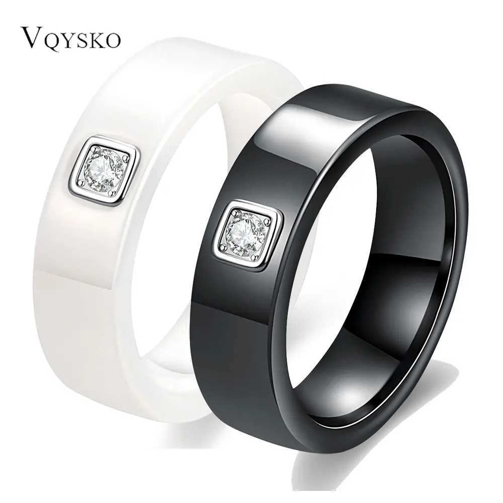 Exquisite 6mm black and white ceramic ring suitable for women dazzling cubic zirconia stainless steel engagement and wedding ring fashionable jewelry 