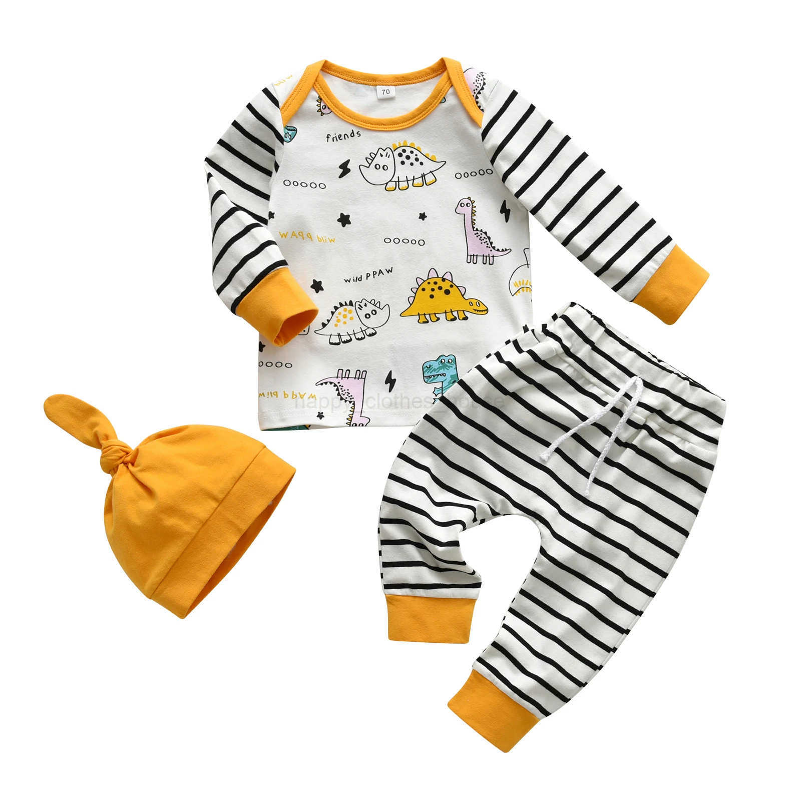 Fashion Newborn infant Baby Boy Clothes Set Patchwork Dinosaur Printed Long SleeveTop and Striped Pants Hat Spring Autumn OutfitXJ241205