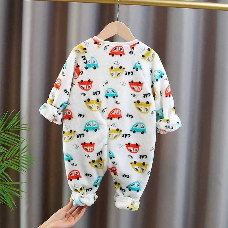 Pajamas New Boy Fall Winter Thicken Coral Double Fleece Onesie Girl Pajama Baby Crawling Clothe Padded Sleeping Bag Outwear Fit Jumpsuit H241205