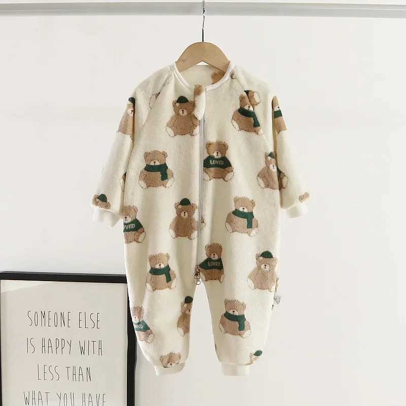 Pajamas New Boy Fall Winter Thicken Coral Double Fleece Onesie Girl Pajama Baby Crawling Clothe Padded Sleeping Bag Outwear Fit Jumpsuit H241205