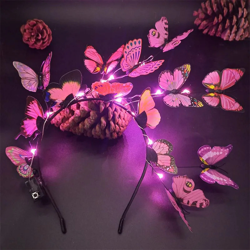 Butterfly Fascinator Headband Glowing LED Light up Bohemian Hair Band Hoops Colorful Headpiece for Party Wedding Christmas 241122