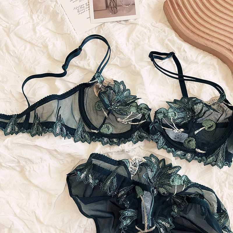 Sexy cherry embroidered lace transparent lingerie steel ring ultra-thin underwear mesh gauze bra briefs setXJ241205