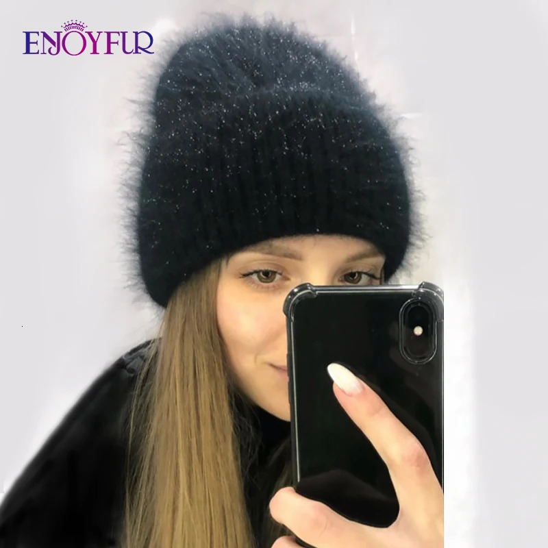 Enjoy womens winter hat warm long rabbit fur womens hat fashionable solid color wide cuffs young style 241205