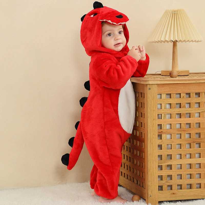Pajamas Res Dinosaur Kigurumi Rompers for Newborn Kids Winter Baby Clothes Childrens Bodysuit Animal Hooded Jumpsuit Toddler Overalls H241205