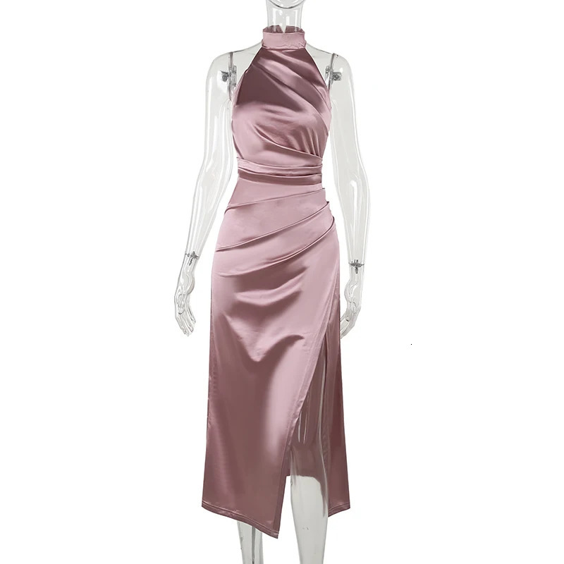 Ladies Satin Evening Party Dresses Women Sleeveless Backless Halter Side Slit Sexy Elegant Maxi Dress Fashion Female Outfits 241205