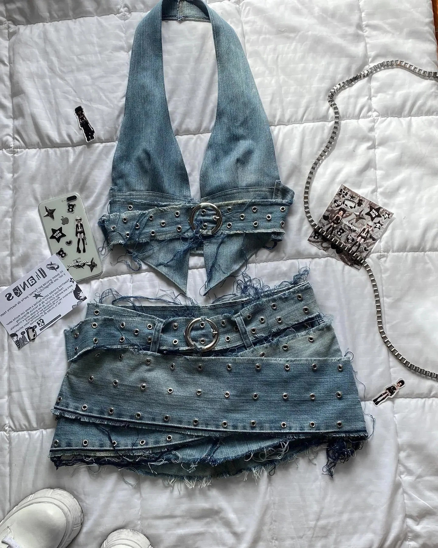 Gothic Sexy Women Sling Mini Hip Skirt Y2K Summer Blue Two Piece Sets Casual Seabeach Denim Skirts Fashion Bikini Halter Tops 241204