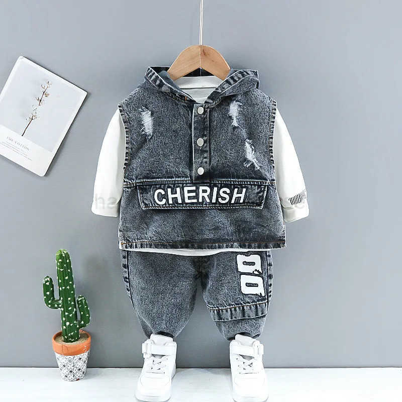 Baby boy clothes spring autumn fashion ripped denim suit letter denim jacket hooded vest + bottoming shirt + pants 3-piece setXJ241205