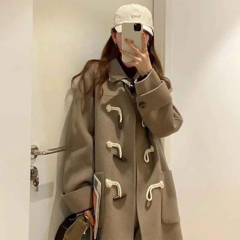 College Style Japanese Lovely Woolen Coat Medium Length Ox Horn Buckle Student Coat Camel Winter Coat Autumn Winter 241204