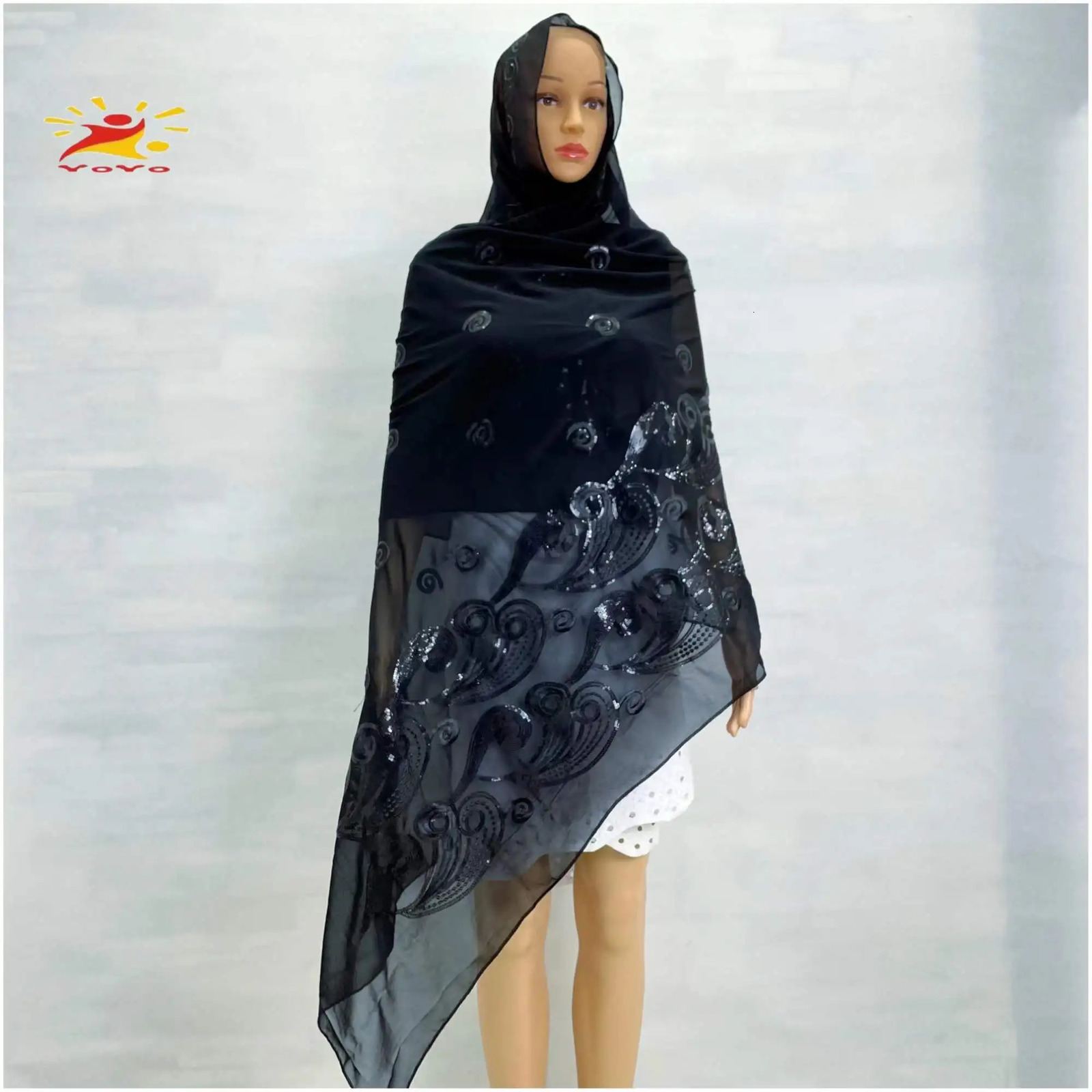 African fashion Muslim scarf headscarf womens medium-sized sequin embroidery chiffon Islamic headscarf Pashmina embroidery Ramadan Dubai 241216