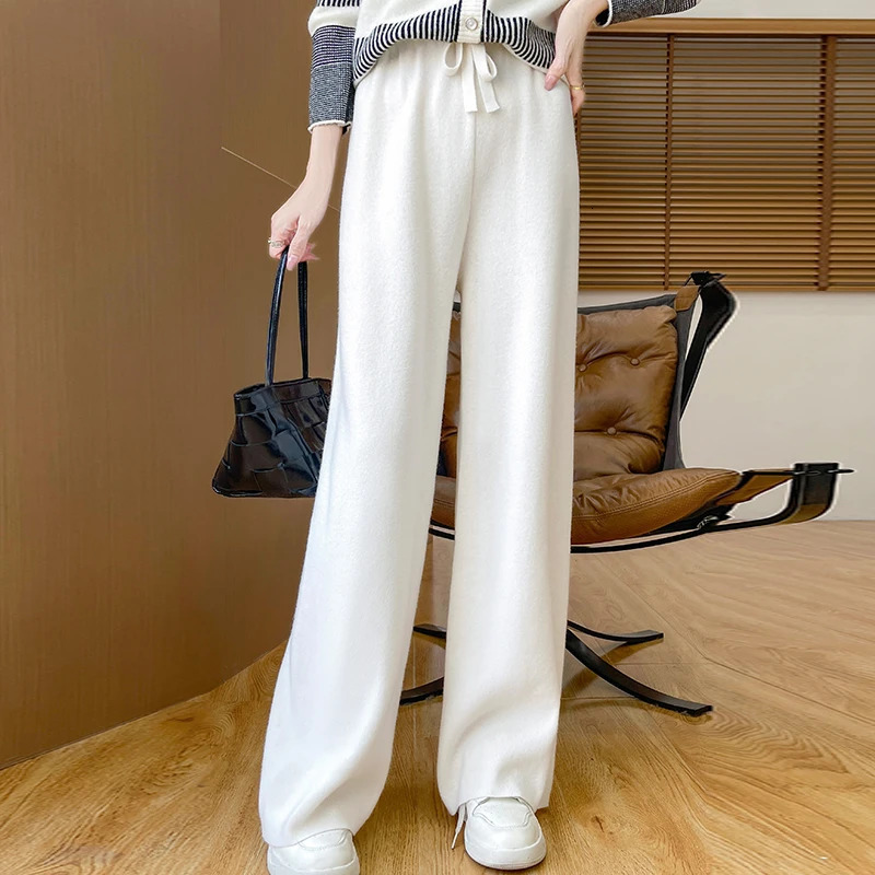 Womens straight leg wool pants with elastic waistband solid color Snd loose casual pants 100% Merino wool pure cotton knitted pants 241202