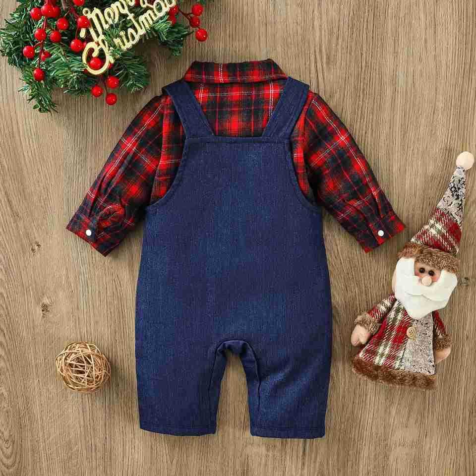 2-piece baby boy plaid shirt and denim overalls setXJ241205