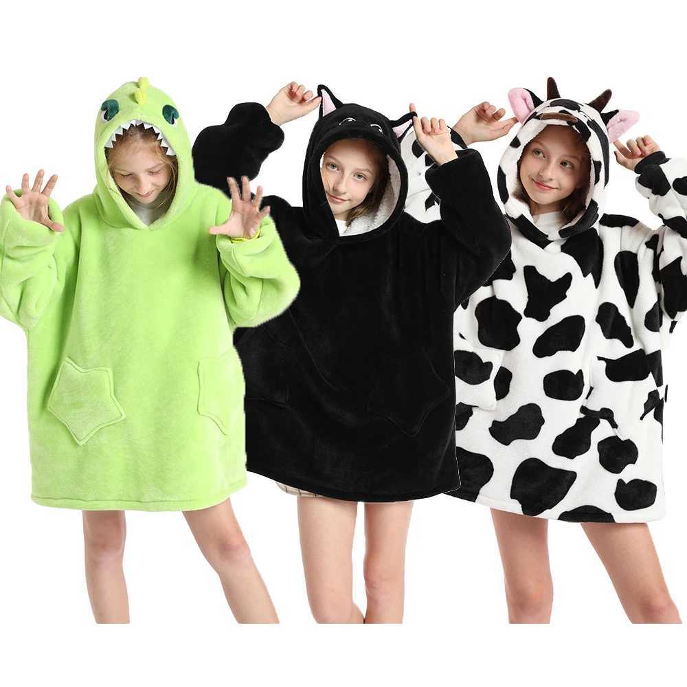 Pajamas Kids Hoodie Oversized Blanket with Sleeves Panda Print Cute Boy Sweatshirt Teenage Girls Hoodie Korean Children Winter Clothes H241205