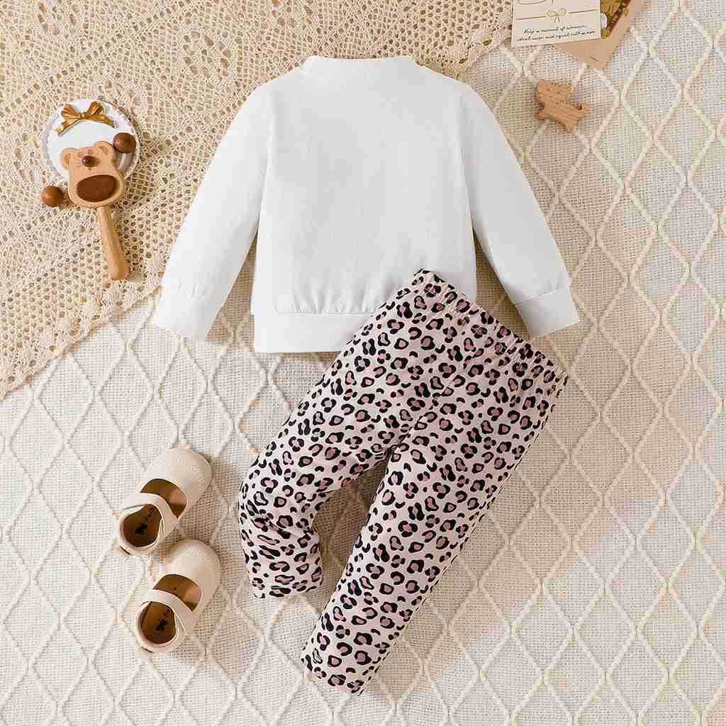 Kid Newborn Girl Cotton Cute Cat Long Sleeve tshirt and Leopard Print Pants Outfit Toddler Infant Clothing SetXJ241205