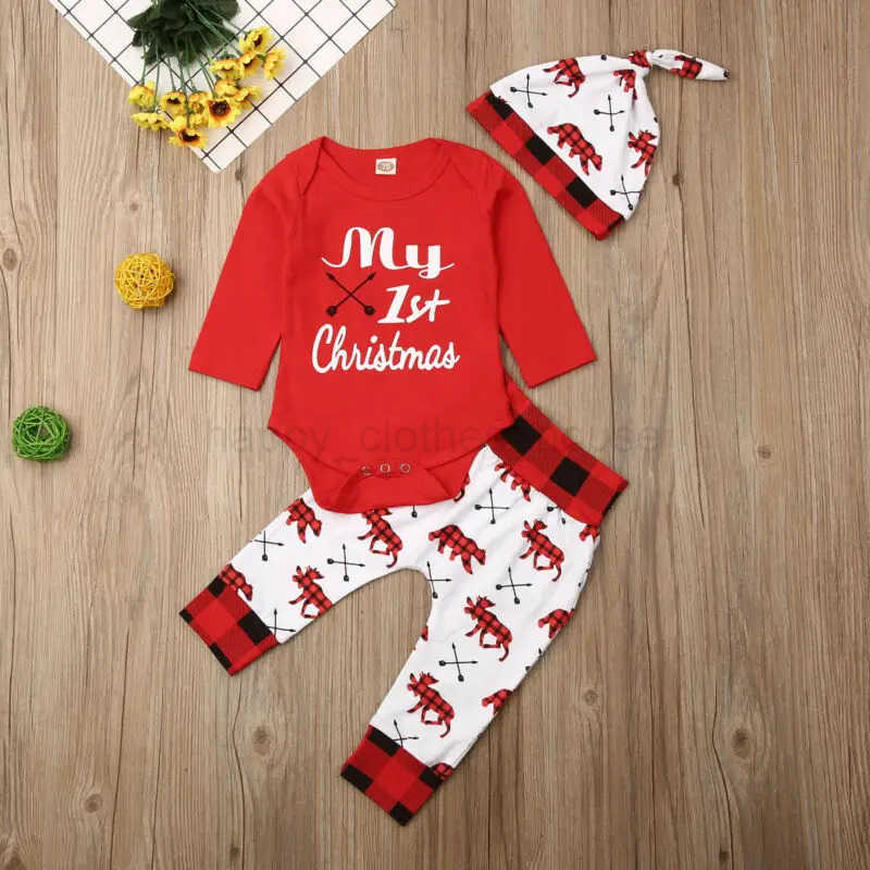 Lovely Baby Boy My First Christmas Letter Romper Kids Pant Newborn Hat Boys Outfits Girl Xmas Set Autumn Clothing 2PCS SetXJ241205