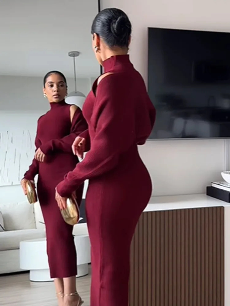 Elegant Burgundy Stand Collar Loose Sleeves Skirt Set Woman Casual Long Knit Sexy Sets 2024 Autumn Lady Fashion Party Outfit 241205