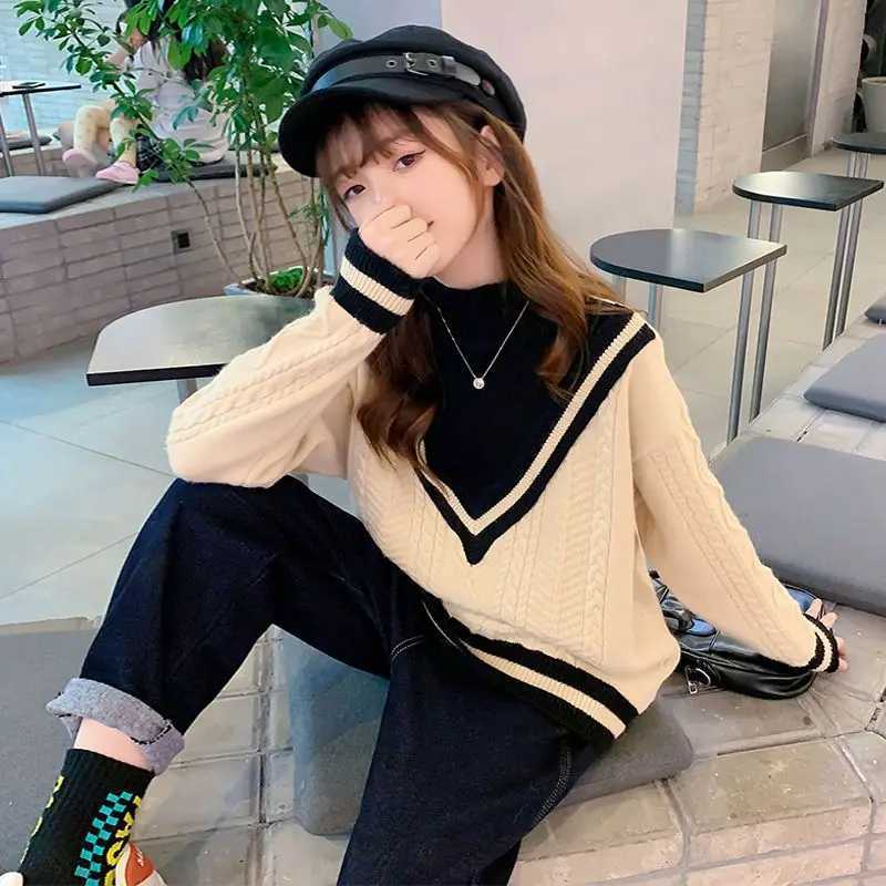 Girls sweater autumn/winter chiffon thick plush childrens knitting 2024 new girl high neck baby clothing 5 10 7 12 years old W241205