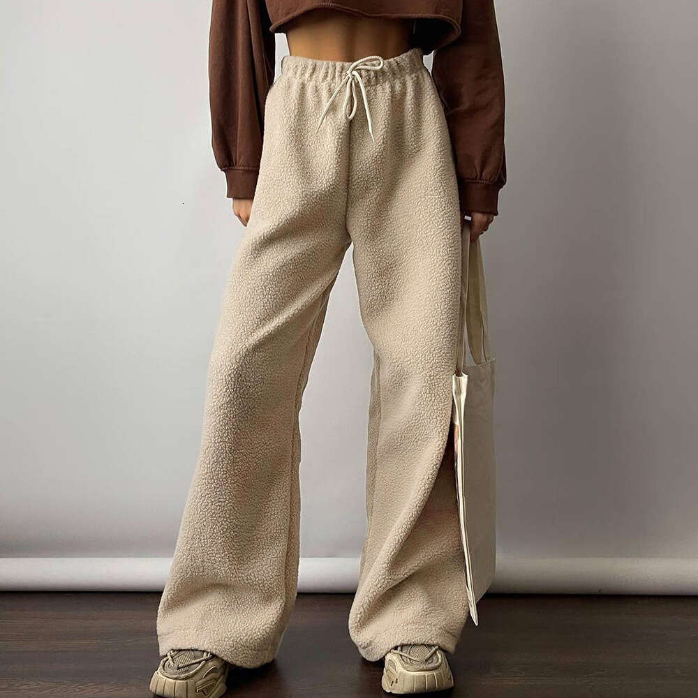 Lamb wool wide European American autumn and winter styles, women's casual commuting loose straight leg pants, 2024 temperament versatile new tren