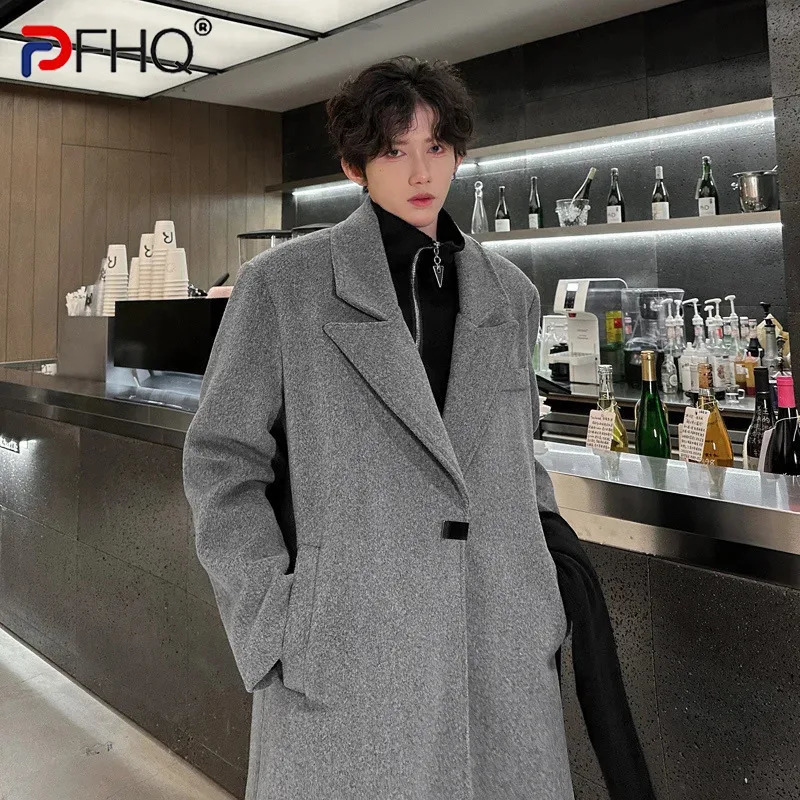 PFHQ Winter Mens Long Wool Coat Trendy Shoulder Cushion Slot Solid Color Long Sleeve Mens Top 21AZ3667 241204