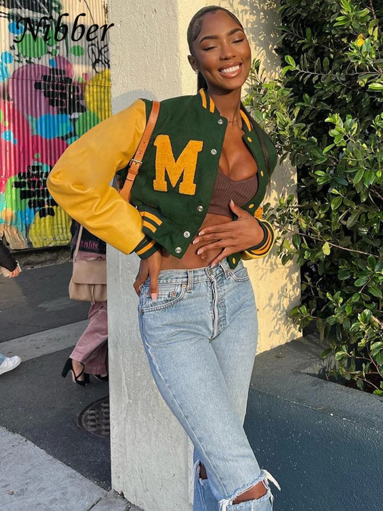 Nibber Autumn Hipster PU Jacket Women Long Sleeve Patchwork Short Varsity Baseball Coat Female Casual Warm Streetwear Top 241205