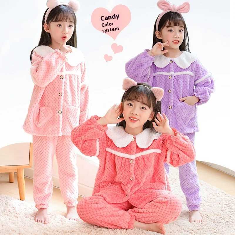 Pajamas 2Pcs/set childrens winter padded and thickened warm pajamas solid color cardigan girls homewear facecloth long-sleeved long pan H241205