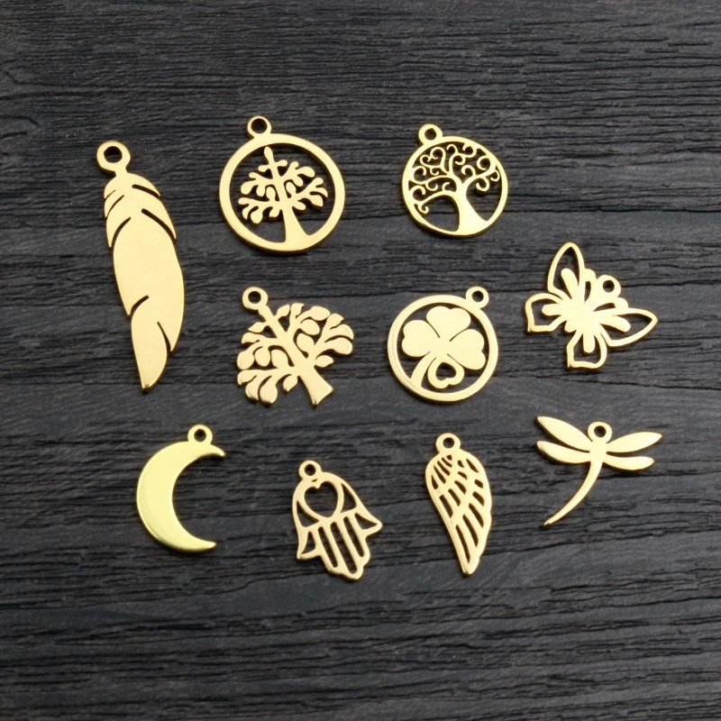 10pcslot 316 Stainless Steel Gold Plated Tree Moon Butterfly Small Charms Pendant For Necklace DIY Jewelry Making 241122