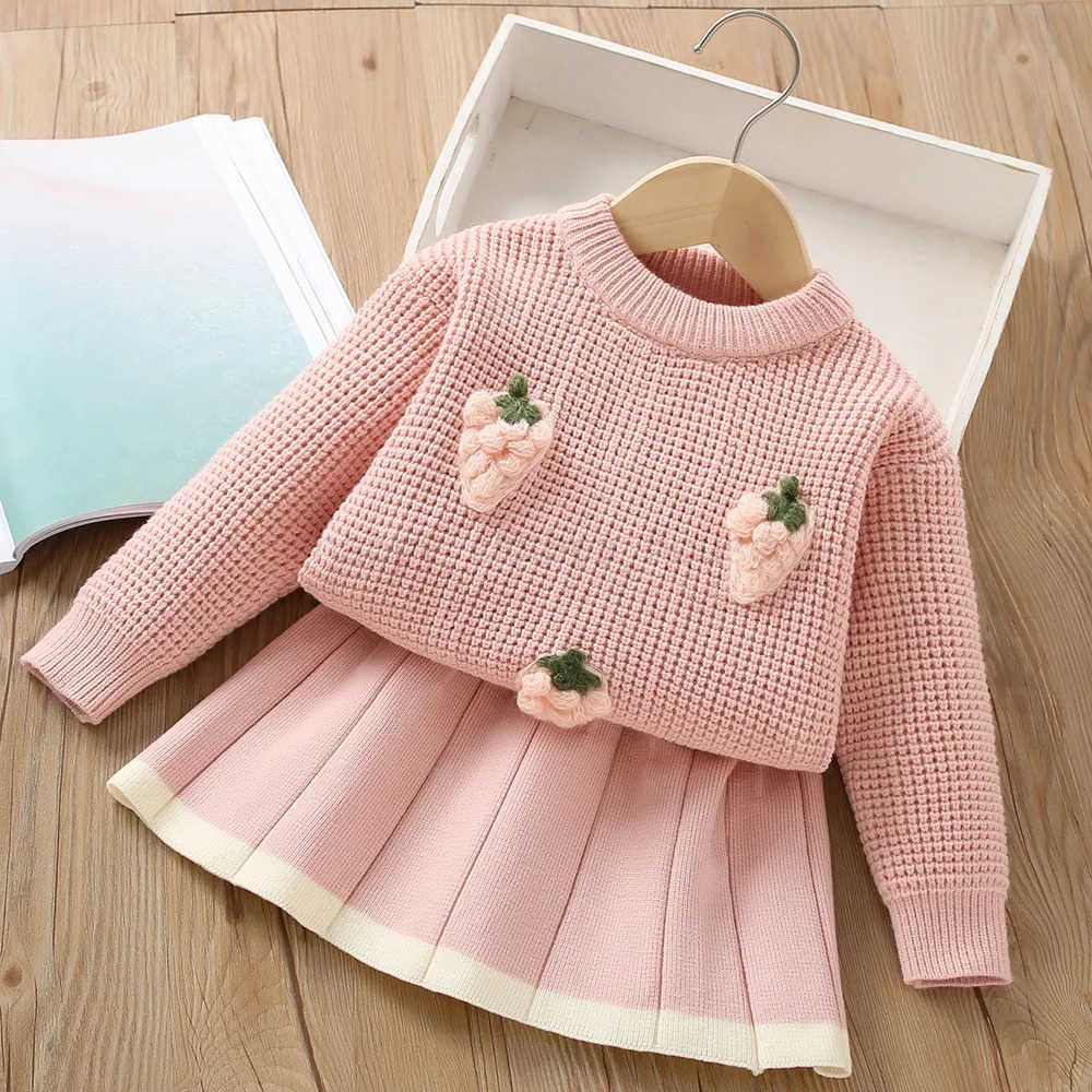 Autumn and Winter New Girls Sweater Set Korean Short Knitted Small Fragrance Two Piece Set Girl Baby Vintage Checker Knit SetXJ241205