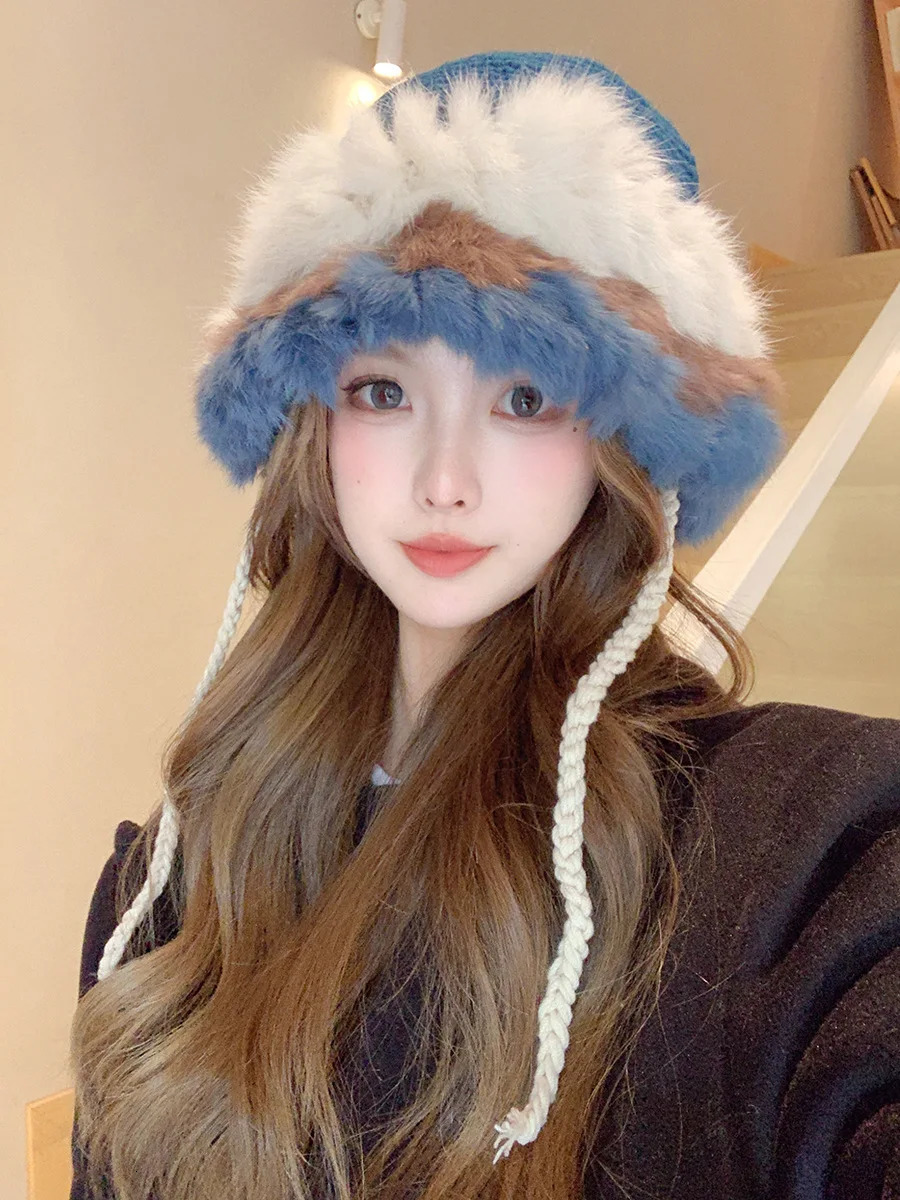 Autumn and Winter Dopamine Stripe Patch Colorful Rabbit Hair Handmade Knitted Hat Womens Display Mini Winter Warm Hat 241205