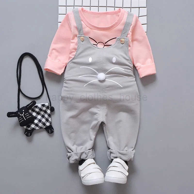 Spring Autumn Baby Girls Set Round Neck Printing Long Sleeve T-shirt + Solid Color Print Strap Pants Two Piece SuitXJ241205