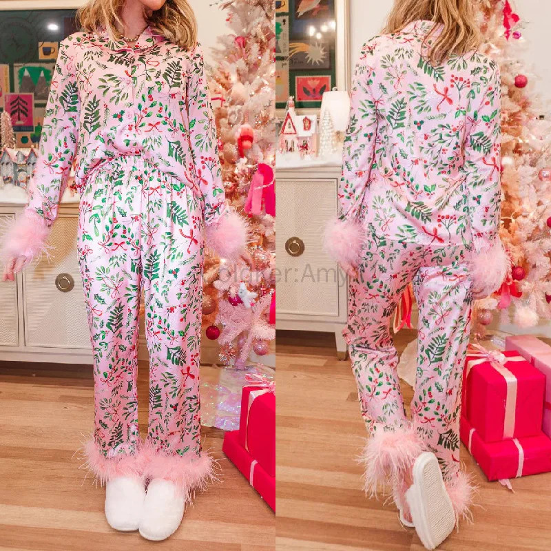Womens Christmas Pajama Set Long Sleeve Button Down Decorative Shirt Matching Pants 2-piece Lounge Set 241204