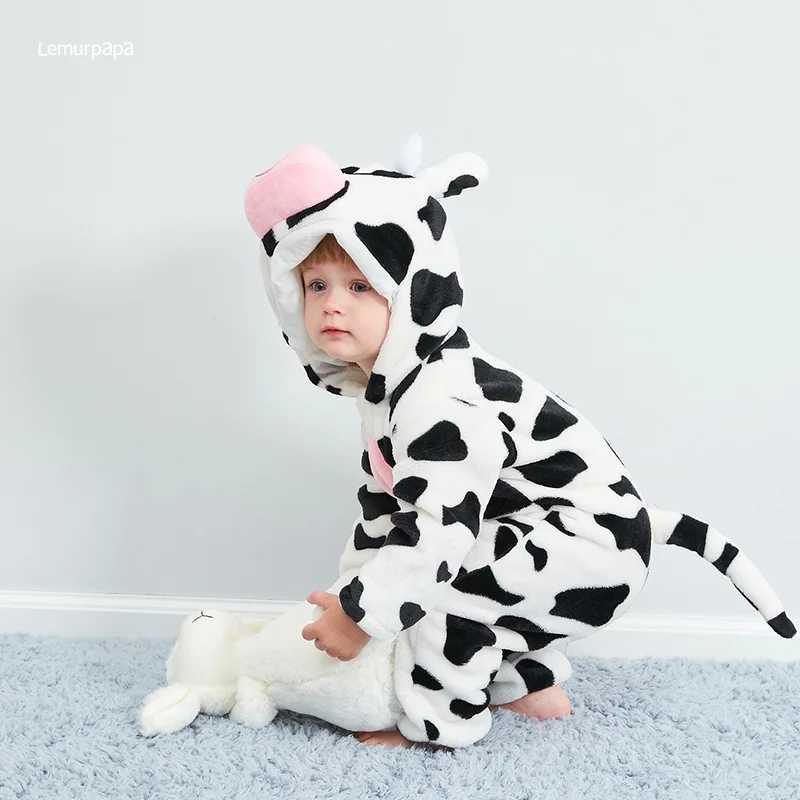 Pajamas Cow Romper Baby Warm Jumpsuit Boys Girls Winter Outfit Toddlers Halloween Animal Suit Funny Onesie Festival Party Bebe Clothes H241205